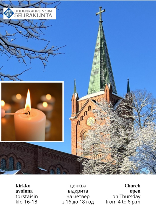 Uudenkaupungin Uusi kirkko, torstaisten avoimien ovien talvinen mainoskuva