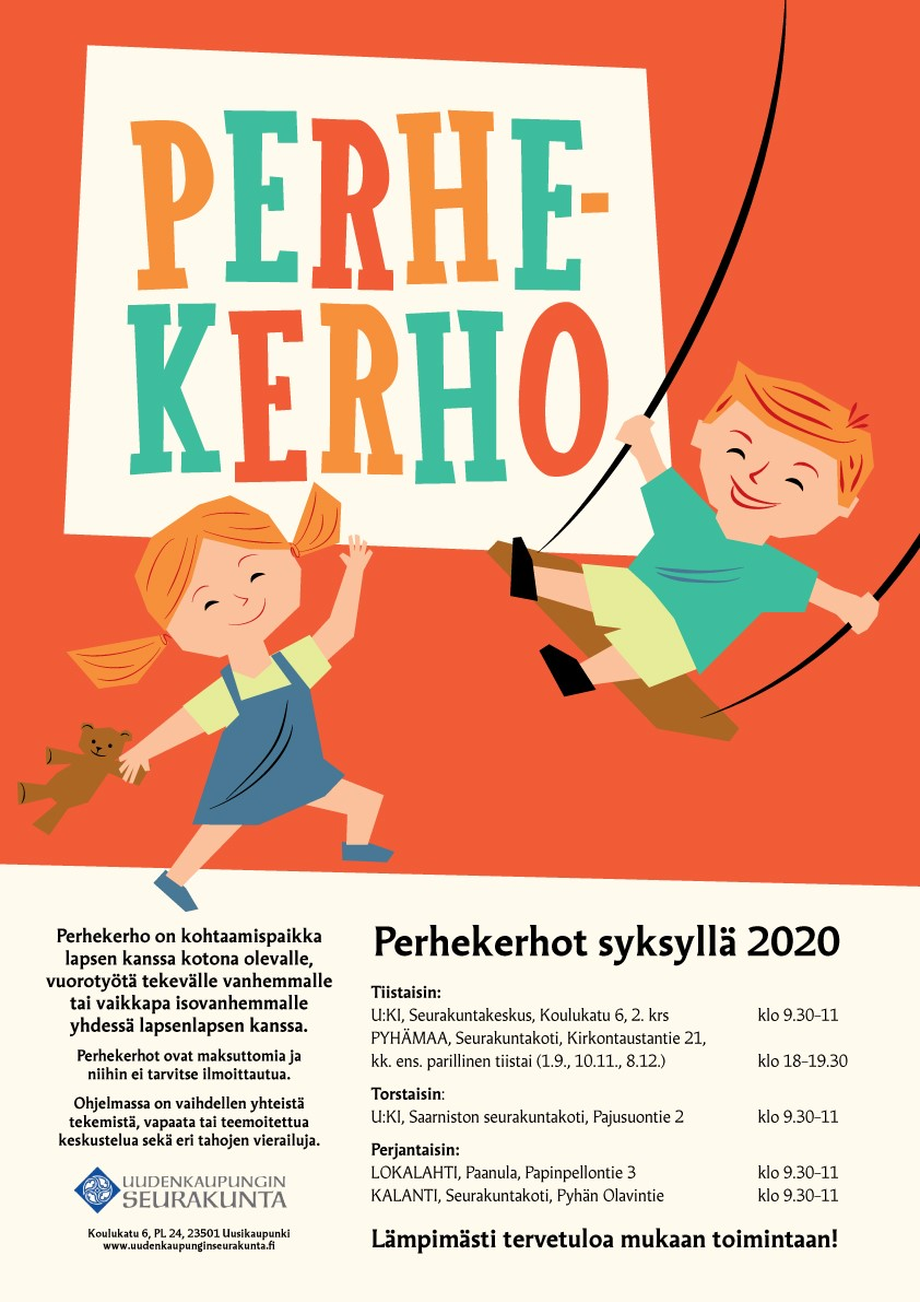 Perhekerho Kuvassa kaksi lasta. Vasemmalla tyttö, jolla on nalle kädessä ja oikealla poika keinumassa.
