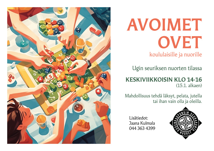Avoimet ovet koululaisille ja nuorille Avointen ovien mainos, jonka piirroskuvassa ihmiset pelaavat lautapeliä