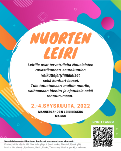 Värikkäällä pohjalla teksti: Nuorten leiri 2.-4.9.2022