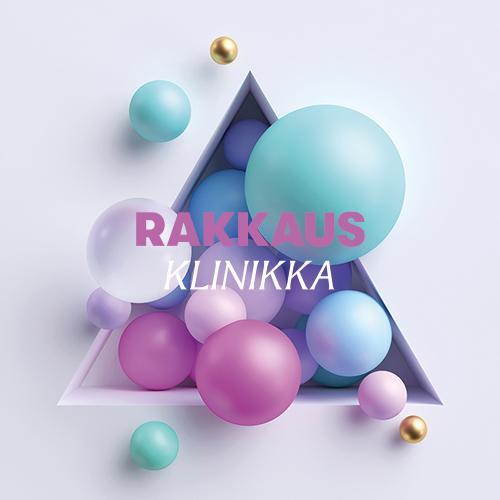 Pastellinsävyisiä palloja, päällä teksti: rakkausklinikka